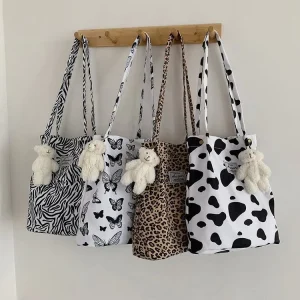 Leopard Print Shoulder Bag Fashionable Canvas Large Capacity Storage Shopping Bag Korean Chic Casual Tote Bag Handbag
