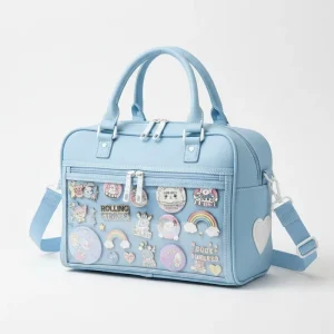 Light Blue Kawaii Ita Bag PU Leather Shoulder Bag with Clear Front Pocket for Pins for Daily and Comic Con