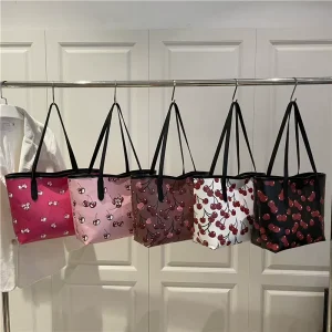 Light Luxury PU Tote Bag Cartoon Printed Cherry Zipper Closure Summer Large Capacity Shoulder Bag