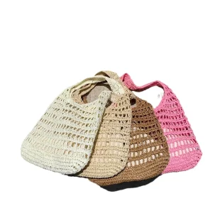 Lightweight Breathable Straw Shoulder Bag with Open Closure and Polyester Lining for Women Beach Travel