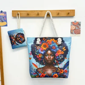 Lightweight Foldable Tote Bag Black Girl Print Zip Closure Embroidered Decoration for Travel Shopping Made Polyester