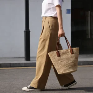 Lightweight Large Capacity Straw Woven Solid Pattern Polyester Lining Shoulder Tote Bag Summer Beach Travel