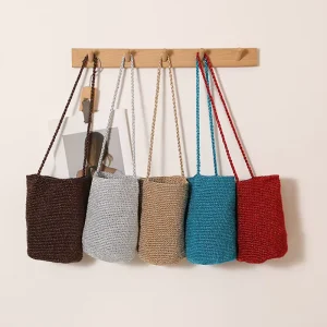 Long Strap Metallic Yarn Bucket Bag Shiny Thread Straw Crossbody Summer Beach Purse