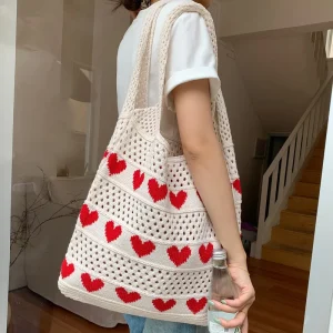 Love Heart Knit Shoulder Bags Hollow Out Design Knitted Tote Bag for Woman for Beach and Daily Use