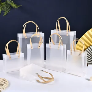Low MOQ Frosted Tote Bag with Handle Clear Transparent Plastic Flower Gift Carrier Microwaveable Square Bottom Bag PP Material
