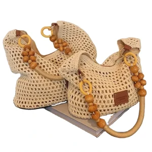 Luxury Designer Beach Holiday Woven Bag Women Hollow Knitted Zip Closure Polyester