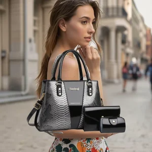 Luxury Designer Women’s Handbags and Wallet Set PU Leather Shoulder Bags with Nylon Zipper Closure