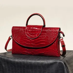 Luxury Red Crocodile Pattern Genuine Leather Handbag Top Handle Crossbody Bag with Detachable Strap for Women