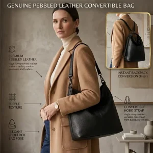 Luxury Women’s Genuine Leather Bag Convertible Backpack Shoulder Crossbody Pebbled Full Grain Leather Hobo Bag for Travel Work