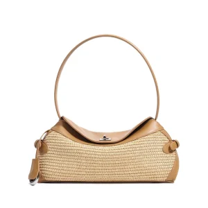 Luxury Woven Straw Shoulder Bag Genuine Split Leather Patchwork Crossbody Bags Vintage Summer Beach Handbags for Women