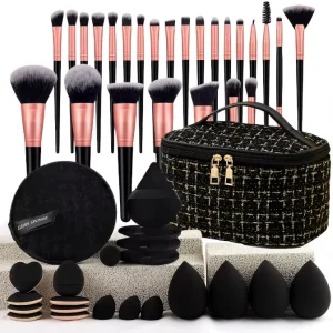 Makeup Sponge Puffs 47pcs Black Makeup Brush Tool Set Private Label Multifunction Makeup Blender Bag