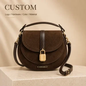Manufacturer Custom Logo Gold Lock Flap Shoulder Bag Genuine Leather Dark Brown Suede Saddle Crossbody Bag for Daily Carry