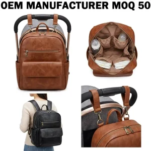Manufacturer Custom Mom Dad Durable Vegan Leather Baby Nappy Bag Rucksack High End Large Size PU Diaper Backpack for Parents
