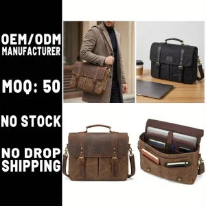 Manufacturer Custom OEM Waxed Canvas & Full Grain Leather Men’s Business Briefcase Waterproof Messenger Laptop Bag