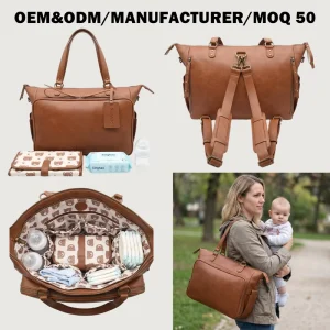 Manufacturer Custom Premium Vegan Leather Diaper Bag Backpack Spacious Convertible Mommy Bag Tote with Hanging Logo Tag