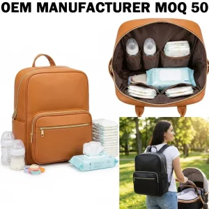 Manufacturer Custom Sleek Design Mother’s Vegan PU Leather Baby Nappy Rucksack Large Capacity Diaper Backpack Bag for Parents