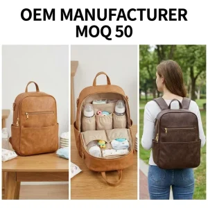 Manufacturer Custom Vegan Faux PU Leather Medium Capacity Mommy Backpack Stroller Straps Multi Pocket Organizer Zipper Closure