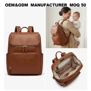 Manufacturer OEM Black Brown Leather Nursing Bag Convertible Design Breathable Padding Organizer Backpack Diaper Bag for Mom