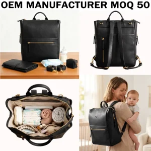 Manufacturer OEM Black Leather Diaper Backpack Lightweight Multi functional Baby Bag with Embossed Logo for Parents