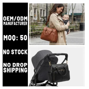 Manufacturer OEM Cream Leather Diaper Smooth Texture Multi Compartment Comfortable Carry for Modern Parents Leather Diaper Bag