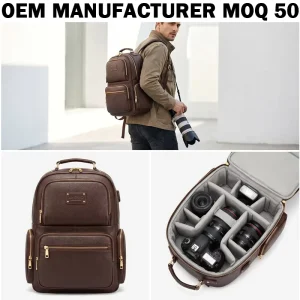 Manufacturer OEM Custom Leather Travel DSLR Camera Protective Photography Photo Bag Camera Backpack with Tripod Holder