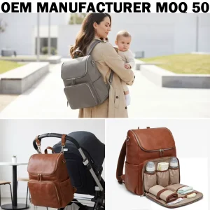Manufacturer OEM Custom Logo Vegan Leather Travel Multifunctional Backpack Nappy Baby Diaper Bag with Insulated Pockets