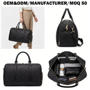 Manufacturer OEM Custom Quilted Faux Leather Carry on Travel Weekender Overnight Gym Duffle Bag for Women with Trolley Sleeve