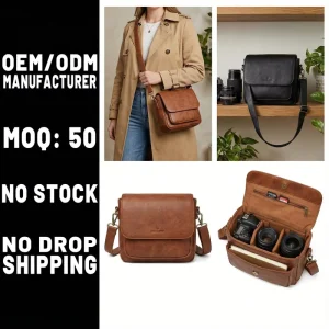 Manufacturer OEM Custom Vegan Leather DSLR Photo Camera Messenger Bag for Women with Padded Compartment for 1 Body 2 Lenses