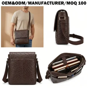 Manufacturer OEM Customizable Ostrich Grain Texture Pattern Embossed Vegan PU Leather Business Casual Messenger Bag for Men