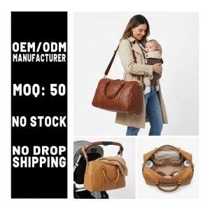 Manufacturer OEM Leather Changing Bag Unique Detail Secure Closures Comfortable Carry Leather Wendender Diaper Bag