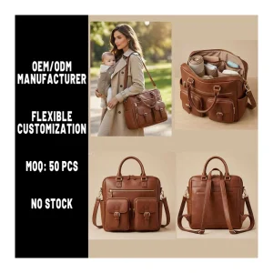 Manufacturer OEM Leather Diaper Bag Black Leather Diaper Backpack Stylish Messenger Tote Large Capacity Vegan Leather Mommy Bag