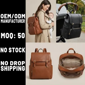Manufacturer OEM Leather Diaper Bag Brown Leather Diaper Backpack Nappy Bag New Design Spacious Storage Diaper Backpack