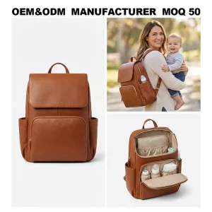Manufacturer OEM Leather Nappy Backpack Waterproof Lining Reinforced Stitches Comfortable Strap Backpack Diaper Bag for Mom