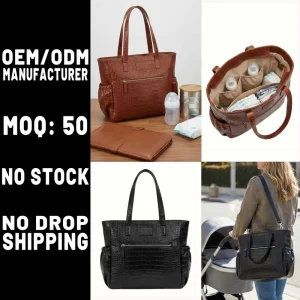 Manufacturer OEM ODM Crocodile Pattern PU Diaper Tote Bag Vegan Leather Mom Bag with Multiple Compartments for Diapers Wipes