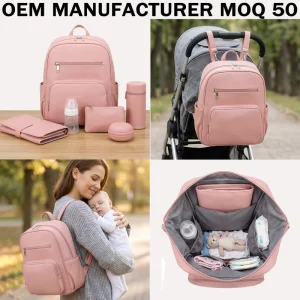 Manufacturer OEM ODM Diaper Backpack Set Pink Vegan Leather Mommy Bag for Travel Stroller and Daily Baby Care