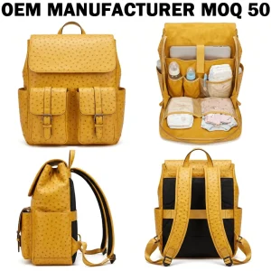 Manufacturer OEM Ostrich PU Diaper Backpack Multi-Function Maternity Nappy Bag with Insulated Pockets Travel Diaper Backpack