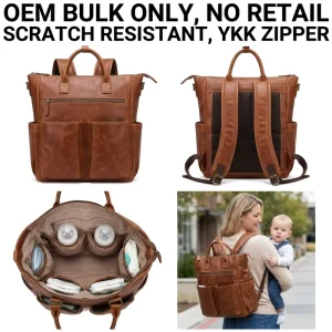 Manufacturer OEM Water Resistant PU Leather Mommy Diaper Bag Large Capacity Convertible Baby Bag for New Moms and Baby Outings