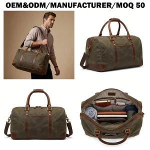 Manufacturer OEM Waxed Canvas Weekend Duffle Overnight Travel Bag with Leather Trims Fits 3-Day Outfits for Business Travel