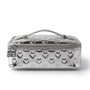 Medium Silver Metallic Heart Design Chic Spacious Waterproof Daily Use Cosmetic Bag Makeup Organizer Toiletry Bag Makeup Pouch
