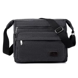 Men’s Casual Simple Crossbody Messenger Bag Canvas Zipper Closure Waterproof Portable Multi-layer Storage Polyester Lining