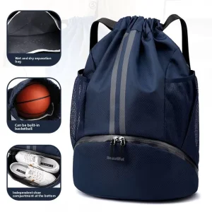 Men’s Drawstring Gym Backpack Zipper Closure Soccer Basketball Shoes Compartment Dry and Wet Separation Fitness Clothes Bag