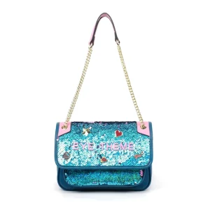 Mermaid Blue Sequin Flap Handbag Pink 3D Letter Heart Patch Gold Chain Crossbody Bag Small Metal Chain Crossbody Bag 2843