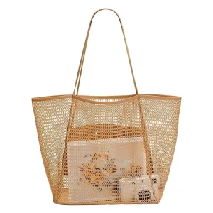 Mesh Bags Customize LOGO Mesh Tote Bags Polyester Outdoor Handbag Unisex Beach Tote for Swimming Shopping