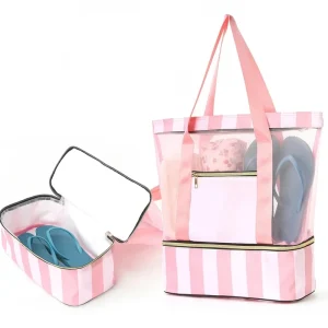 Mesh Beach Bag Dry Wet Separated Tote with Waterproof Bottom Compartment Large Oxford Cloth Pool Gym Bag