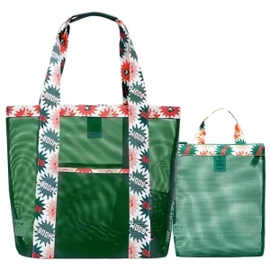 Mesh Beach Bag Tote Bag for Women Foldable Swim Large Beach Tote Bag With Zipper Pockets Waterproof Sand Proof