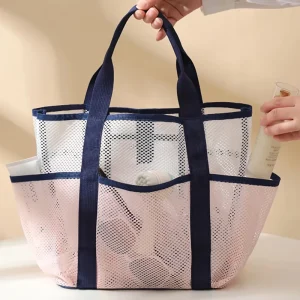 Mesh Zipper Closure Solid Color Chains Beach Tote Bag Large Capacity Waterproof Pool Gym Shopping Navy Trim Multi-Pocket Women