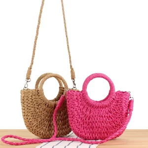 Mini Semi circle Straw Bag Hand woven Women Summer Retro Beach Tote Shoulder Bag Crossbody Travel Beach Bag