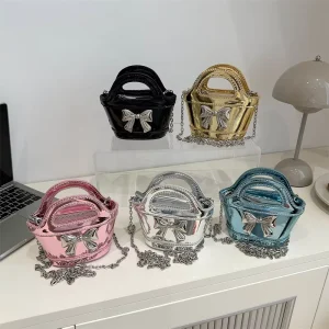 Mini Shiny Bow Decor Handbag for Girls Small Crossbody Purse with Chain Strap Fashion Cute Shoulder Bag