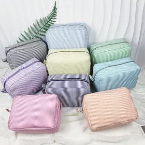 Mississippi Style Seersucker Travel Organizer Indian Striped Toiletry Bag Trendy Cosmetic Makeup Pouch For Weekend Getaway