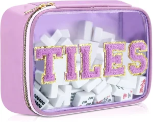 Multi Color Luxury Eco Friendly & Durable PVC Mahjong Tiles Bag with Embroidered Letters Waterproof Zipper Locked Cosmetic Bag